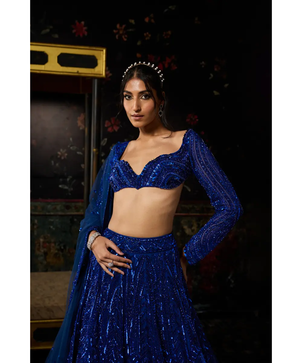 DIYARAJVVIR - ELECTRIC BLUE 3D ARC EMBELLISHED LEHENGA SET